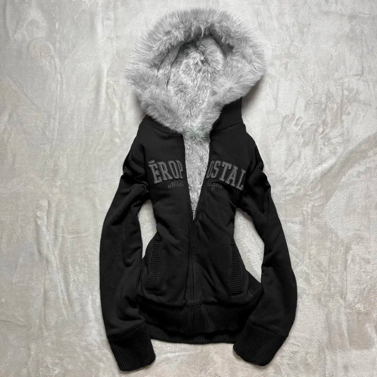 Y2K Retro Fur Collar Zipper  Hoodie Sweatshirts Women Kawaii Letter Graphic Print Tops Jacket Harajuku Gothic Sexy Slim Clothes