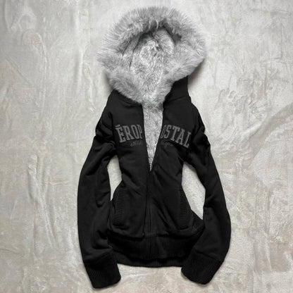 Y2K Retro Fur Collar Zipper  Hoodie Sweatshirts Women Kawaii Letter Graphic Print Tops Jacket Harajuku Gothic Sexy Slim Clothes