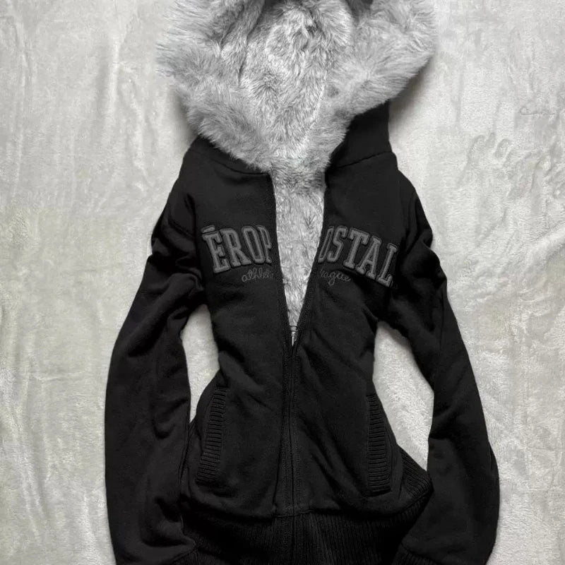 Y2K Retro Fur Collar Zipper  Hoodie Sweatshirts Women Kawaii Letter Graphic Print Tops Jacket Harajuku Gothic Sexy Slim Clothes