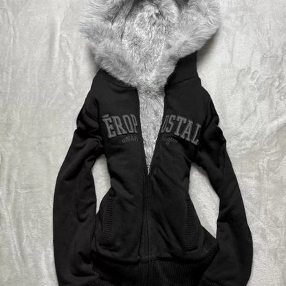 Y2K Retro Fur Collar Zipper  Hoodie Sweatshirts Women Kawaii Letter Graphic Print Tops Jacket Harajuku Gothic Sexy Slim Clothes