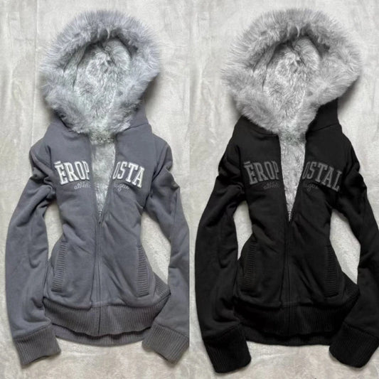 Y2K Retro Fur Collar Zipper  Hoodie Sweatshirts Women Kawaii Letter Graphic Print Tops Jacket Harajuku Gothic Sexy Slim Clothes