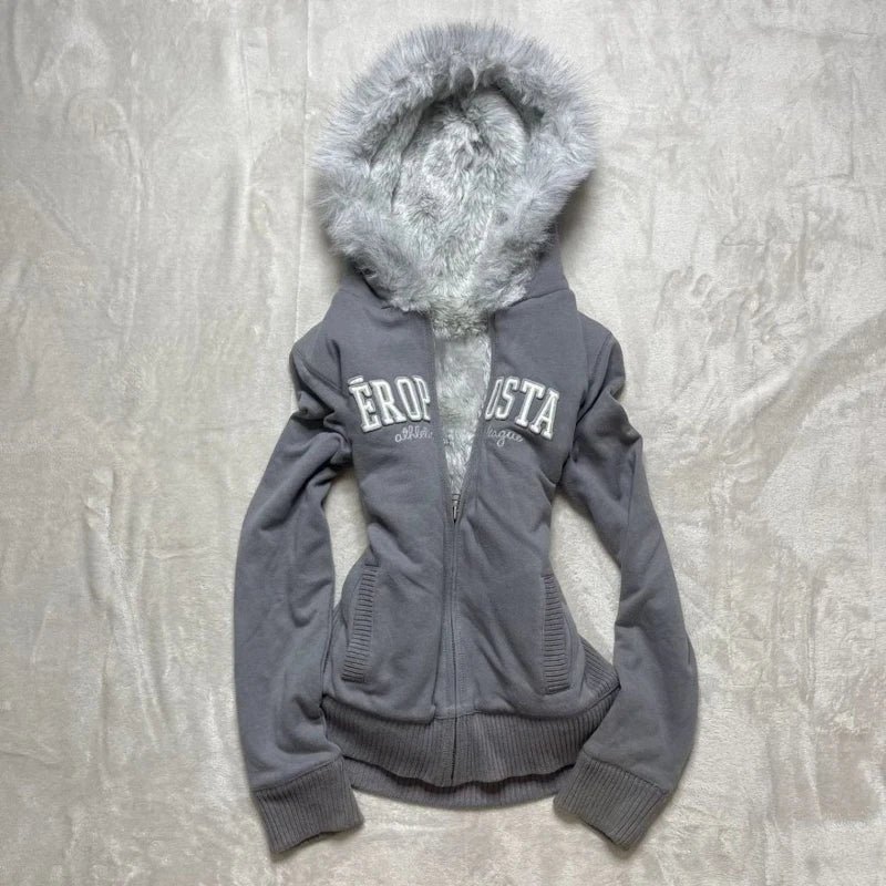 Y2K Retro Fur Collar Zipper  Hoodie Sweatshirts Women Kawaii Letter Graphic Print Tops Jacket Harajuku Gothic Sexy Slim Clothes