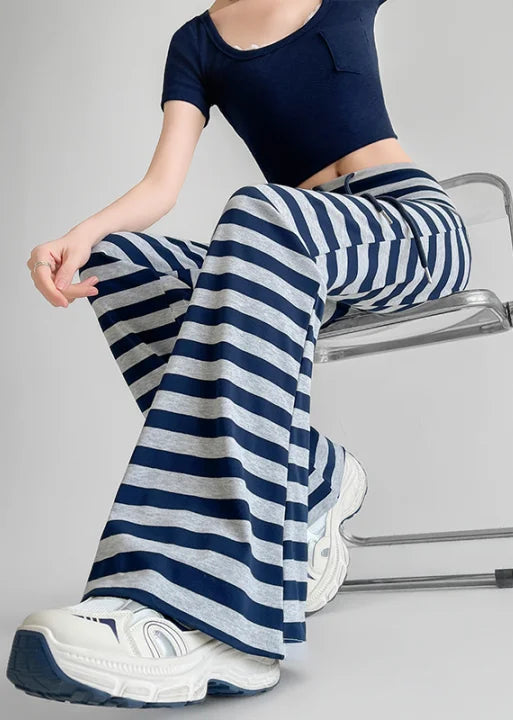 Women Low Waisted Striped Long Trousers Flare Pants Y2K Streetwear Japanese Harajuku 2000s Korean Fashion Pantalones High Street