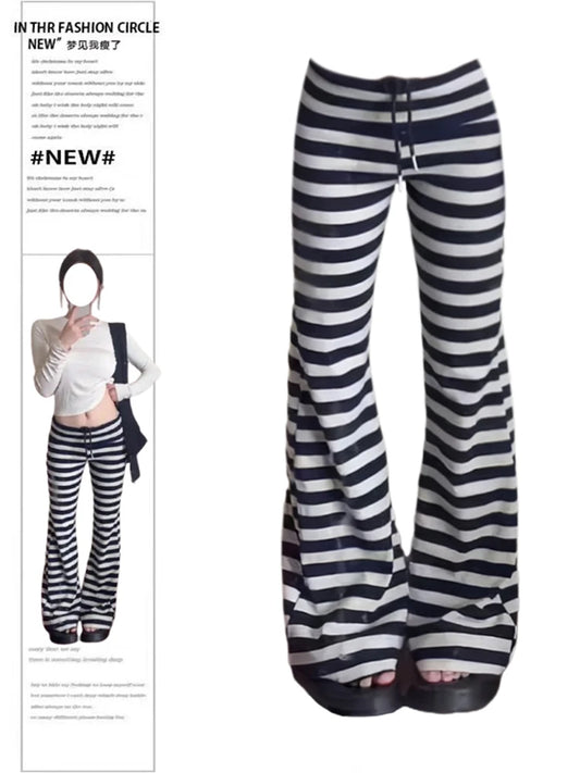 Women Low Waisted Striped Long Trousers Flare Pants Y2K Streetwear Japanese Harajuku 2000s Korean Fashion Pantalones High Street