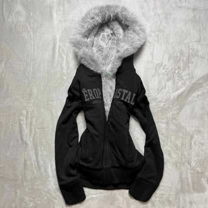 Y2K Retro Fur Collar Zipper  Hoodie Sweatshirts Women Kawaii Letter Graphic Print Tops Jacket Harajuku Gothic Sexy Slim Clothes
