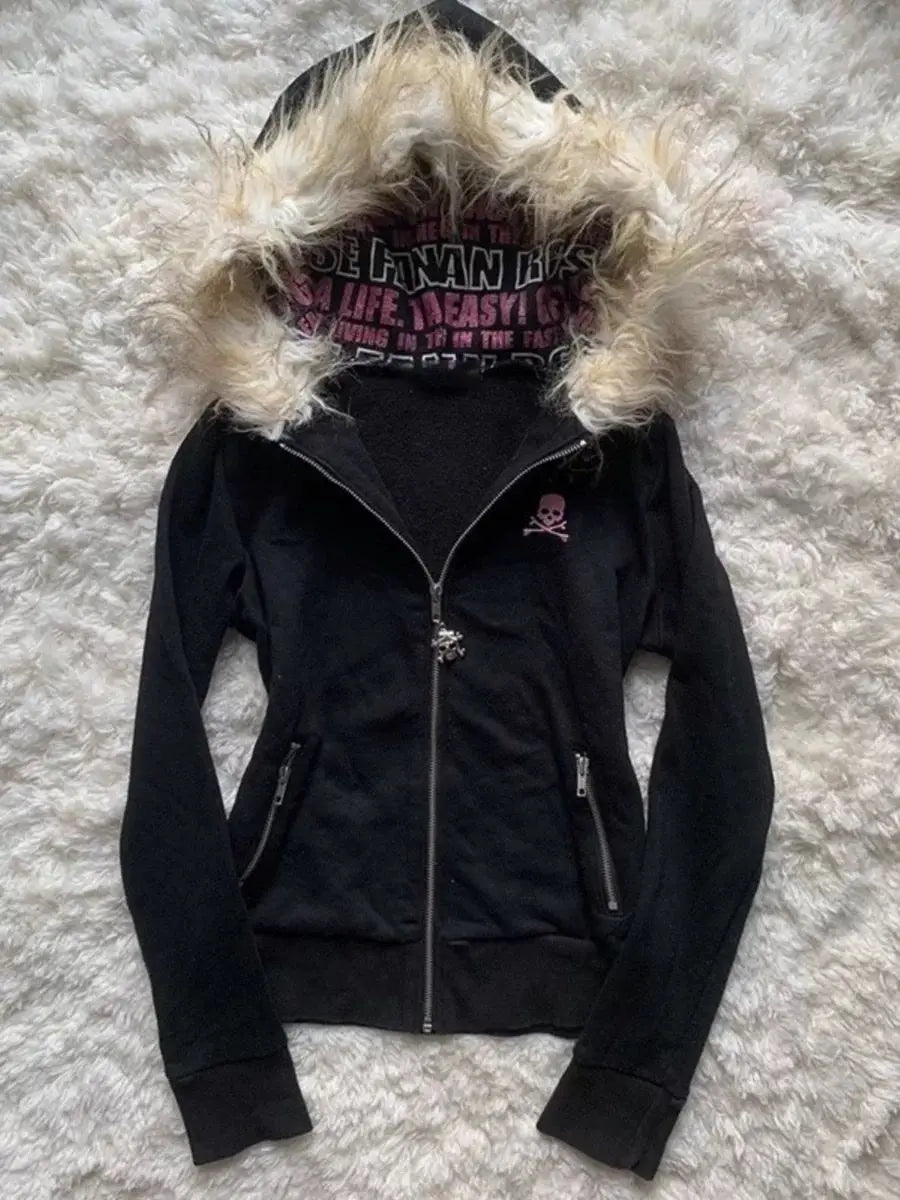 Y2K Retro Fur Collar Zipper  Hoodie Sweatshirts Women Kawaii Letter Graphic Print Tops Jacket Harajuku Gothic Sexy Slim Clothes