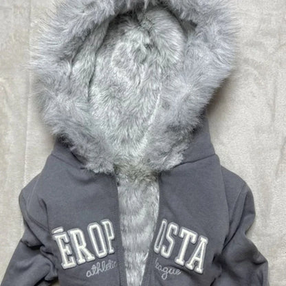 Y2K Retro Fur Collar Zipper  Hoodie Sweatshirts Women Kawaii Letter Graphic Print Tops Jacket Harajuku Gothic Sexy Slim Clothes